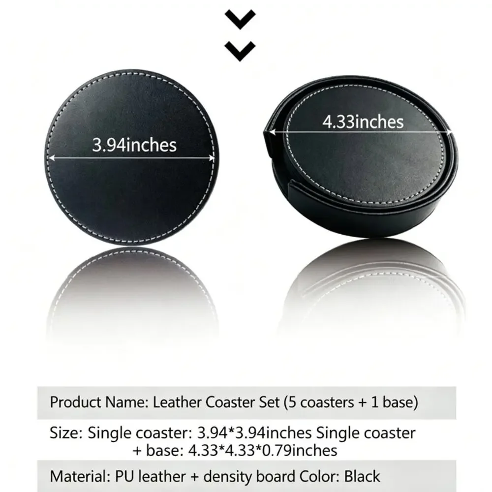 5Black Gold Marble PU Coasters with Holder, Waterproof Heat Resistant for Coffee